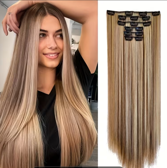 “Silky Press Length” – 24” Straight Clip-In Extensions (7PC Set)