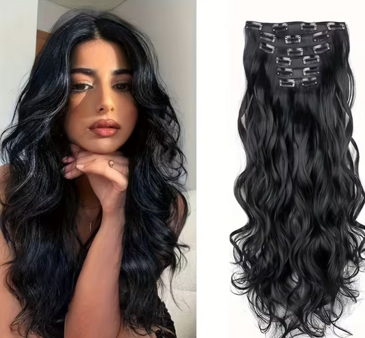 “Goddess Length” – 24" Full-head Wavy Clip-In Extensions (sheer black)