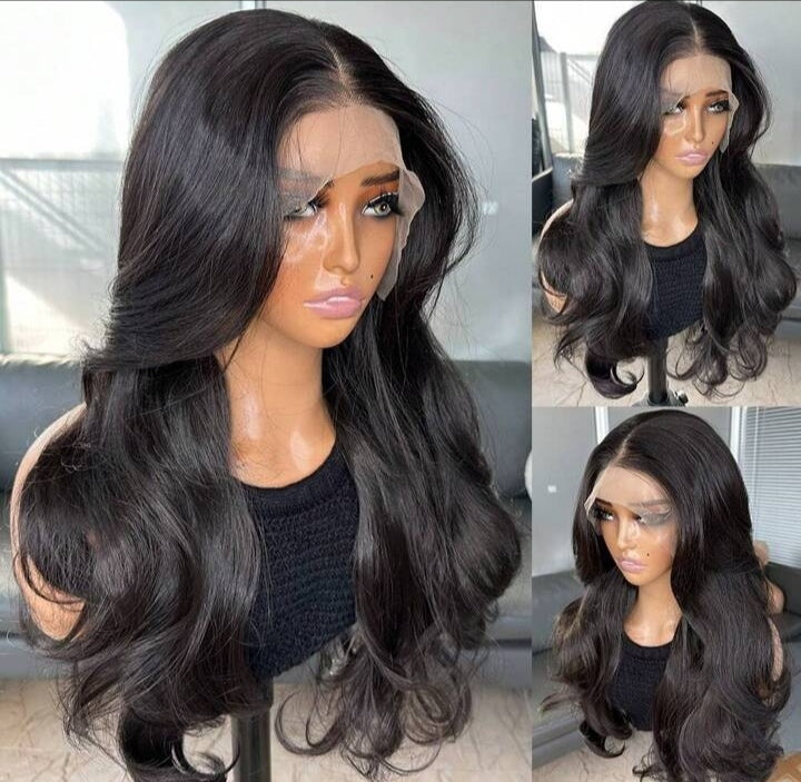 "Noir Elegance" : Lace-Front Wig with Silky Curtain Bangs (Black)