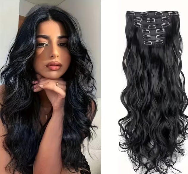 “Goddess Length” – 24" Full-head Wavy Clip-In Extensions (sheer black)