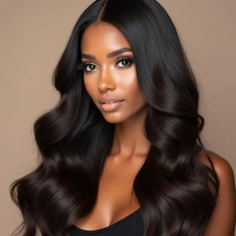 “Goddess Length” – 24" Full-head Wavy Clip-In Extensions (sheer black)