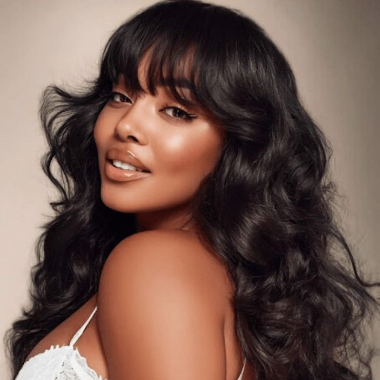 "Noir Elegance" : Lace-Front Wig with Silky Curtain Bangs (Black)