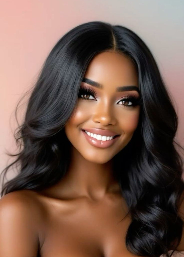 "Noir Elegance" : Lace-Front Wig with Silky Curtain Bangs (Black)