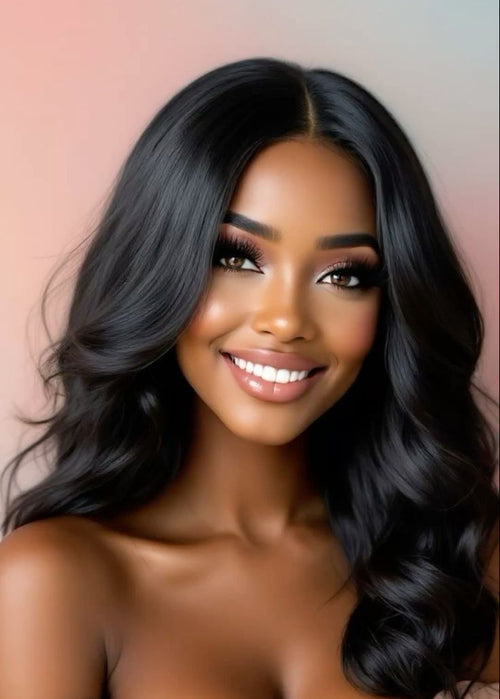 "Noir Elegance" : Lace-Front Wig with Silky Curtain Bangs (Black)